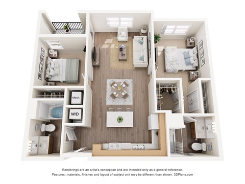Floor plan for 2 beds, 2 baths, 997 sqft
